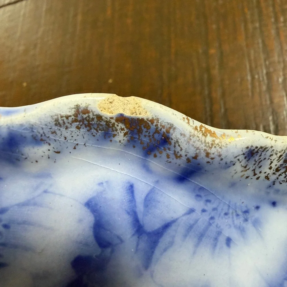 1890s Warwick China Flow Cobalt Blue Floral Tray Scalloped Gold Gilt Vanity Dish